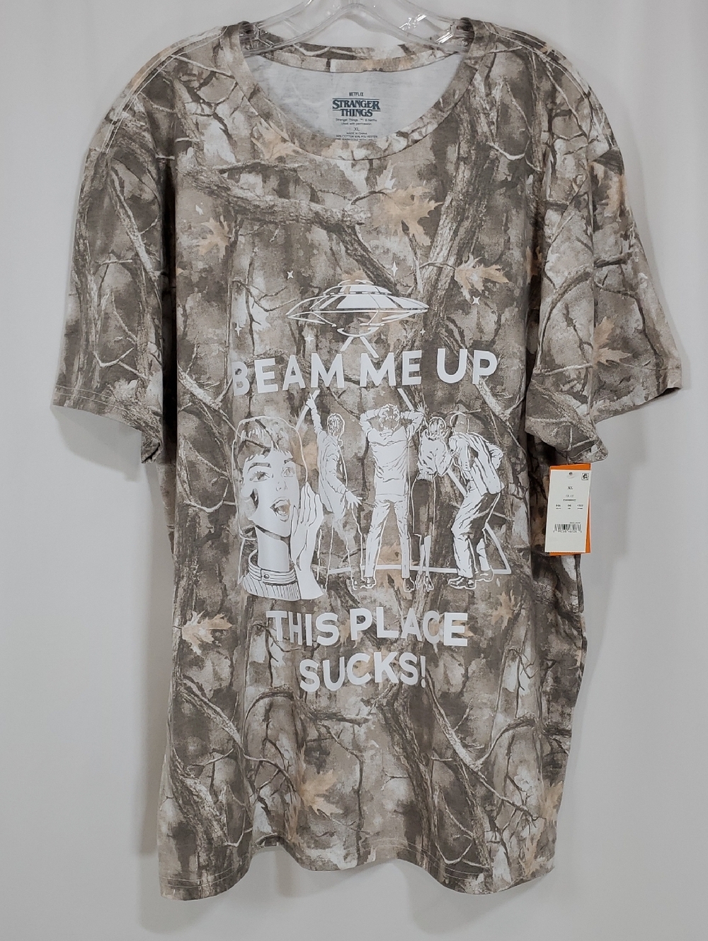 Stranger Things Men's Camo T-shirt Featuring  "Beam Me Up" Alien Graphic ~ Brown